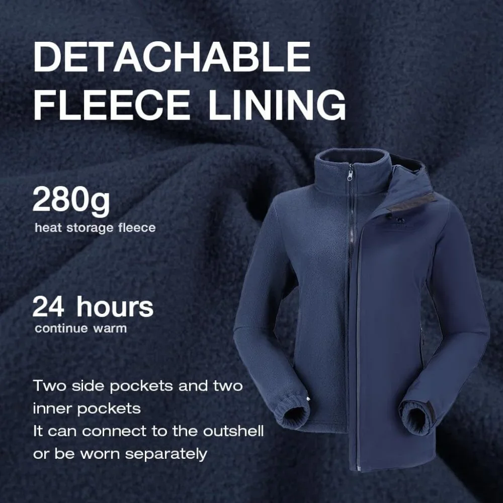 Women's Blue-B611 Fleece Inner Snow Ski Jacket Waterproof Winter Warm Coat - Picture 3 of 6